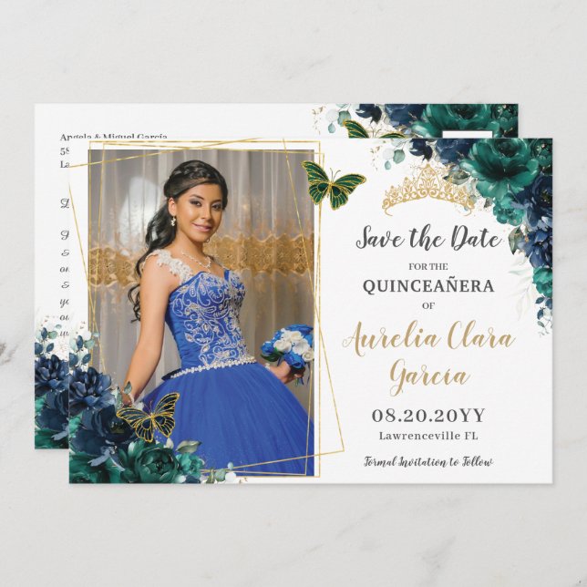 Smaragdnaviga blommiga Quinceañera-bild Spara datu Inbjudningar (Fram/baksida)