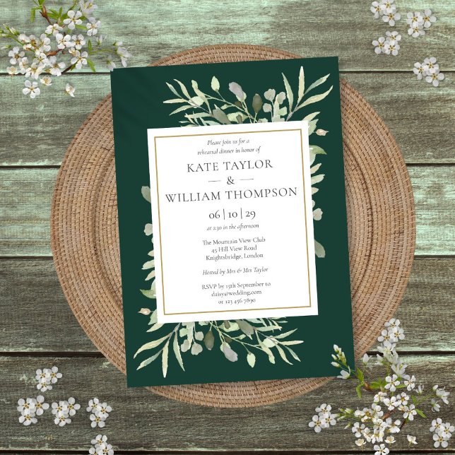Smaragdvattens färg grönska Rehearsal Middag Inbjudningar (Emerald Watercolor Greenery Rehearsal Dinner Invitation)