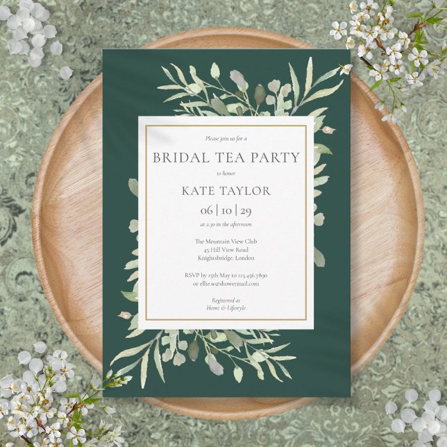 Smaragdvattensfärg Grönska Bröllopste Inbjudningar (Emerald Watercolor Greenery Bridal Tea Party Invitation)