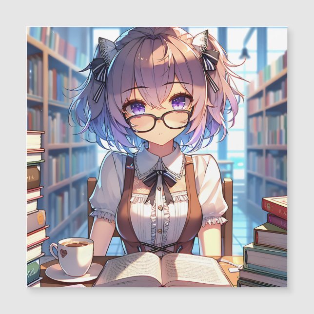 Smart Anime Girl i Bibliotek Reading Bokar (Framsida)