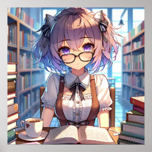 Smart Anime Girl i Bibliotek Reading Bokar Poster