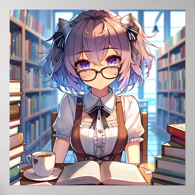 Smart Anime Girl i Bibliotek Reading Bokar Poster (Framsidan)
