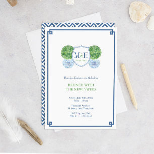 Smart Blå & Grön Monogram Brunch Med Nygifta Inbjudningar