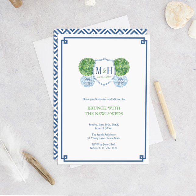 Smart Blå & Grön Monogram Brunch Med Nygifta Inbjudningar (Skapare uppladdad)