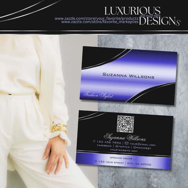 Smart Black Blue Curved-Linjer med QR-kod Visitkort (Skapare uppladdad)