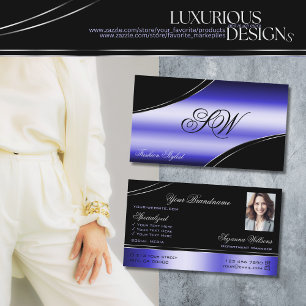 Smart Black Blue Curved Linjer Monogram och Photo Visitkort