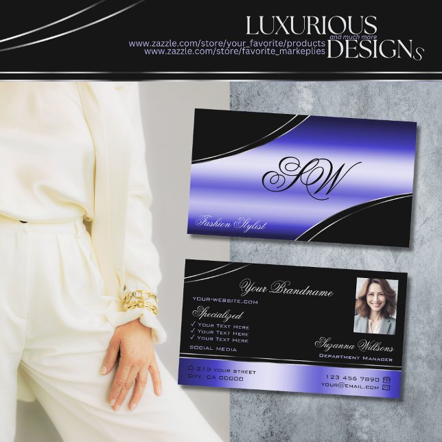 Smart Black Blue Curved Linjer Monogram och Photo Visitkort (Skapare uppladdad)