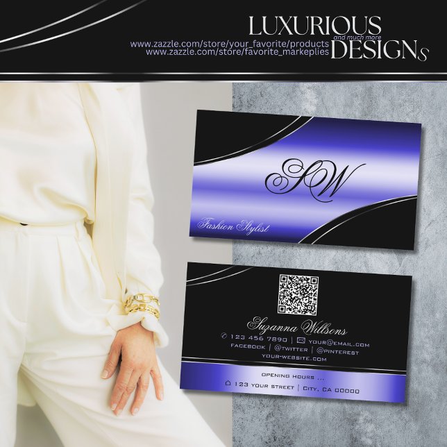 Smart Black Blue Curved Linjer Monogram och QR-kod Visitkort (Skapare uppladdad)