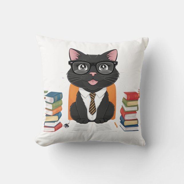 Smart Black Cat med glasögon - fin Tecknad Kudde (Framsida)