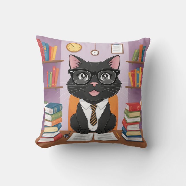 Smart Black cat och bokar med glasögon - Fu Kudde (Framsida)
