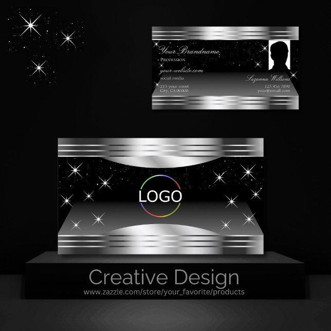 Smart Black Silver Shimmer Gräns Logotyp och foto Visitkort (Skapare uppladdad)