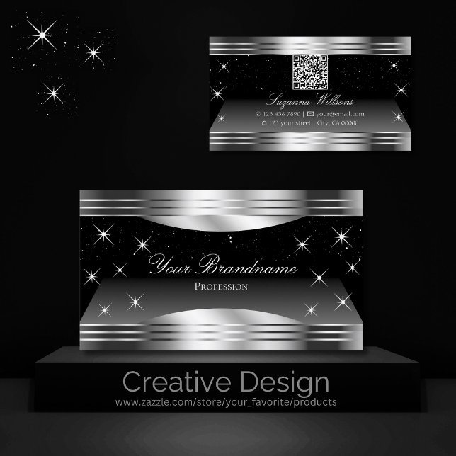 Smart Black Silver Shimmer Gräns med QR-kod Visitkort (Skapare uppladdad)