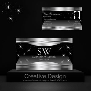 Smart Black Silver Shimmer Gräns Monogram Photo Visitkort