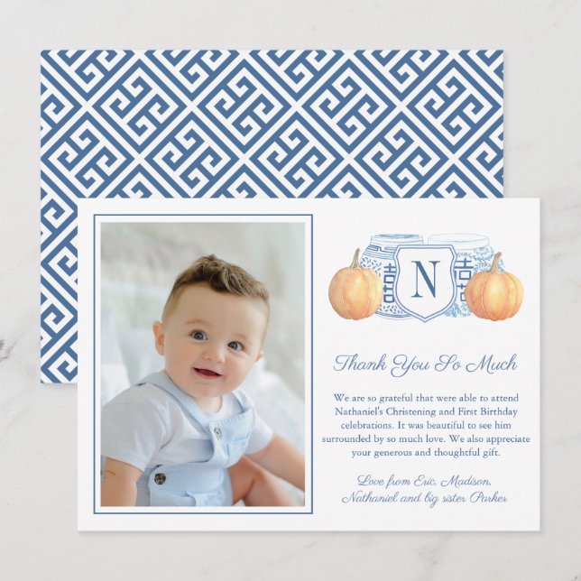 Smart Blue and White Pumpkin Child Birthday Photo Tack Kort (Fram/baksida)