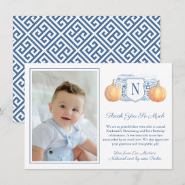 Smart Blue and White Pumpkin Child Birthday Photo Tack Kort