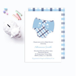Smart Blue Check Diaper Boy Shower Inbjudningar