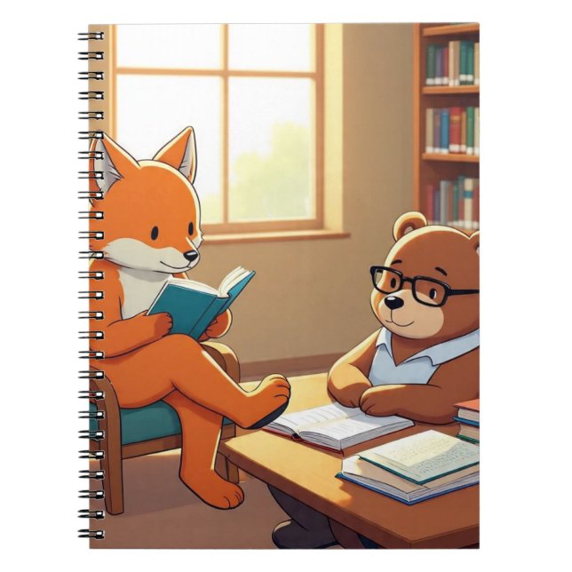 Smart Fox Bear Läsbibliotek Notebook Omslag Anteckningsbok (Framsidan)