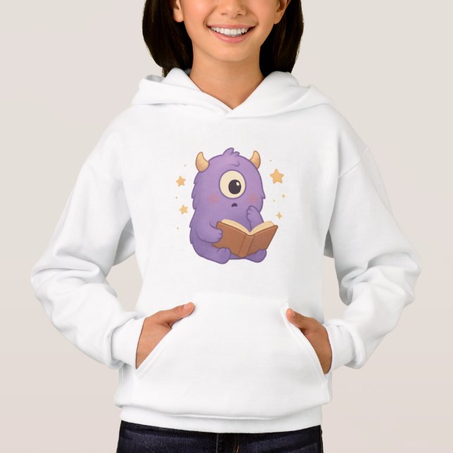 Smart Reading Monster Kids Hoodie — Purple Book  T Shirt (Framsida)