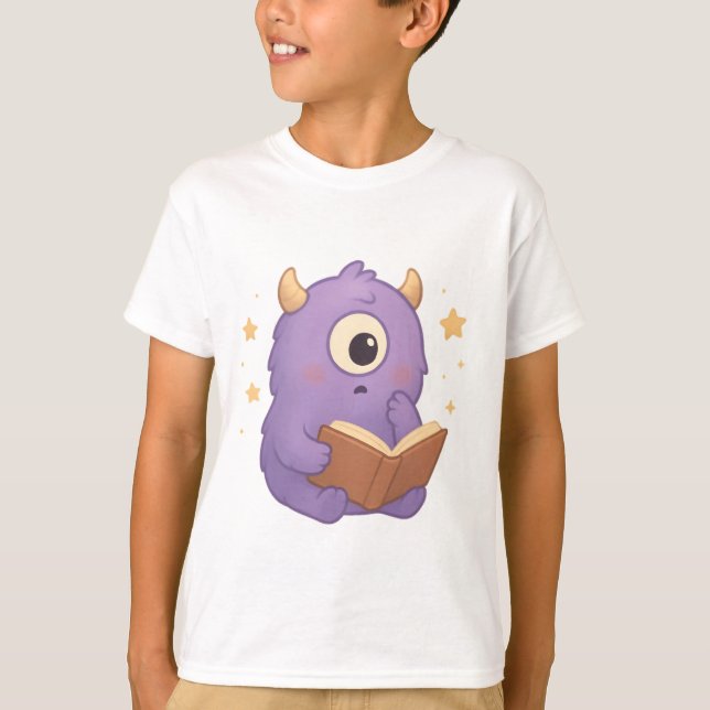 Smart Reading Monster — Purple Book Lover Kids Tee (Framsida)