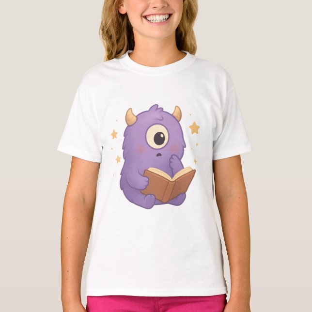 Smart Reading Monster — Purple Book Lover Kids Tee (Framsida)