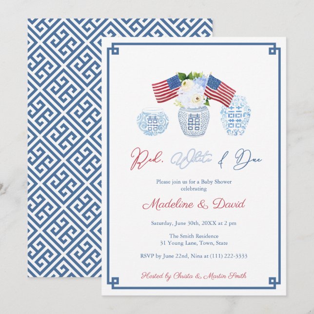 Smart Red White due Chinoiserie Baby Shower Party Inbjudningar (Fram/baksida)