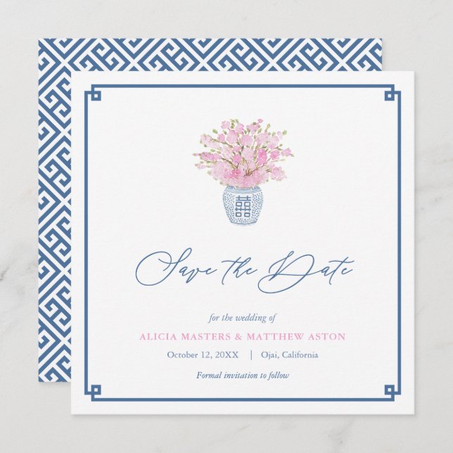 Smart Rosa Navy Blue Chinoiserie Vas Bröllop Spara Datumet (Fram/baksida)