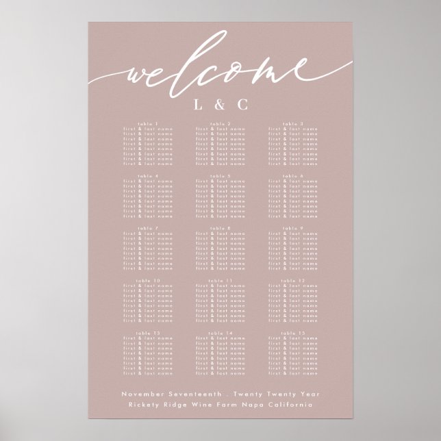 Smart Rosa Taupe Calligraphy Välkomstschema Poster (Framsidan)
