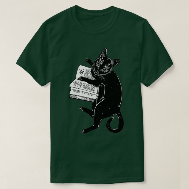 Smart svart boho 4-ögd demonisk katt som läser t shirt (Design framsida)