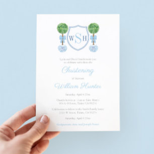 Smart Topiary Monogram Boy Christening Party Inbjudningar