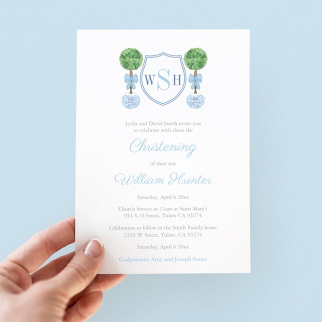 Smart Topiary Monogram Boy Christening Party Inbjudningar (Preppy Three Letter Monogram Christening Invitation For Boy With Watercolor Boxwood Topiary Details)