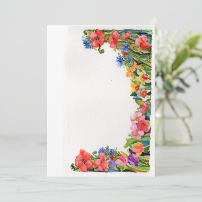 smart vattenfärgsfärg, blommigt gräns anteckningskort (Stående Fram)