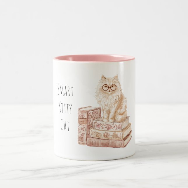 Smarta Kitty Cat Glasögon Rosa Böcker Två-Tonad Mugg (Center)
