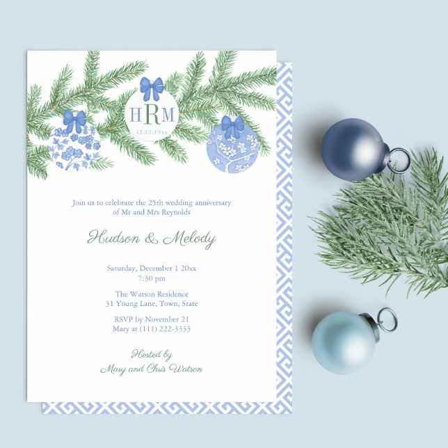 Smarta Semestrar Monogram Bröllops Jubileum Fest Inbjudningar (Wedding Anniversary Party Invitation Featuring Fir Tree Branch With Blue And White Baubles)