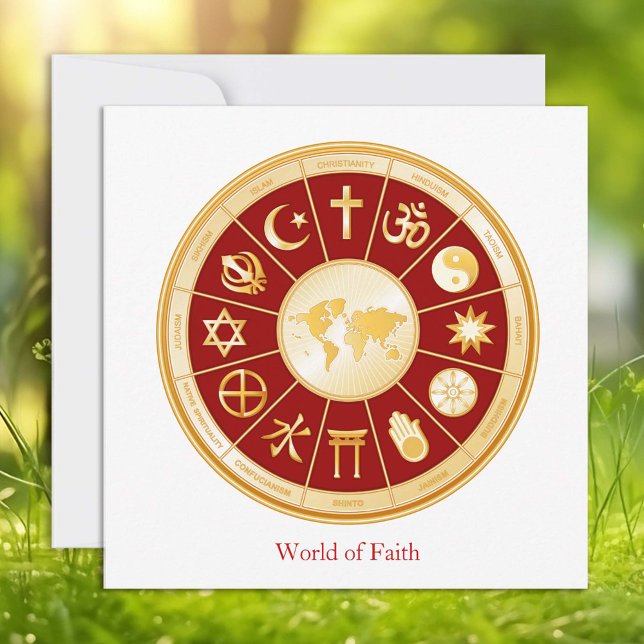 Smärtkort i världen 5,25 x 5,25 tum (World of Faith Flat Card.
Gold symbols of international religions surround a world map. )