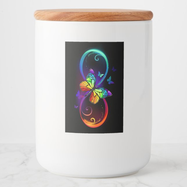 Smärtsam oändlighet med regnbågsfjäril på svart mat etikett (Framsida)