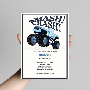Smash Crash Modern Blue Monster Lastbil födelsedag Inbjudningar