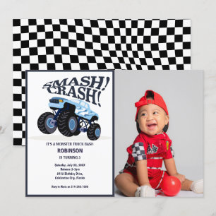 Smash Crash - Modern Blue Monster Lastbil Photo Inbjudningar