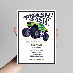 Smash Crash - Modern Grönt Monster Lastbil Birthda Inbjudningar