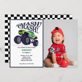 Smash Crash - Modern Grönt Monster Lastbil Photo Inbjudningar