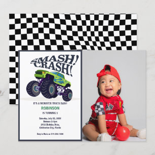 Smash Crash - Modern Grönt Monster Lastbil Photo Inbjudningar