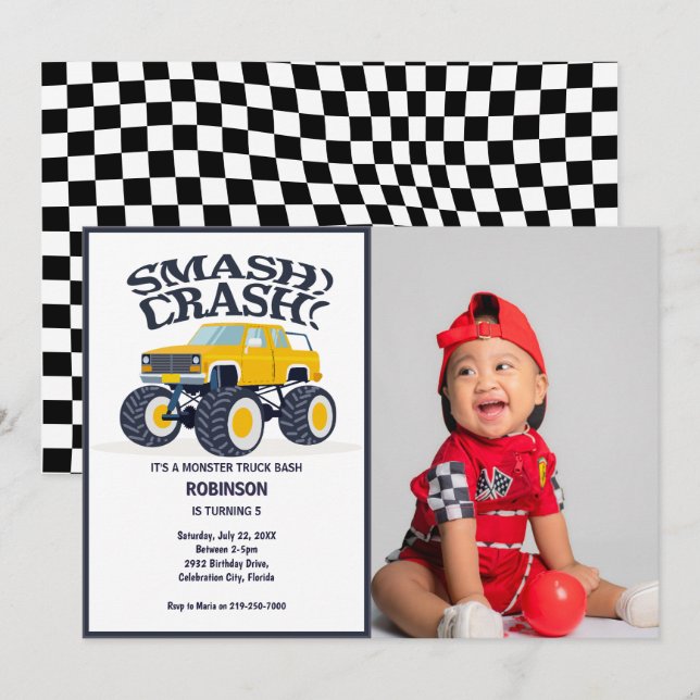 Smash Crash - Modern Gult Monster Lastbil Photo Inbjudningar (Fram/baksida)