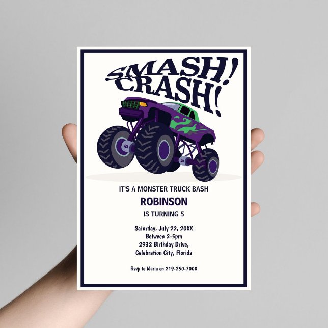Smash Crash - Modern Lila Monster Lastbil Birthday Inbjudningar (Skapare uppladdad)