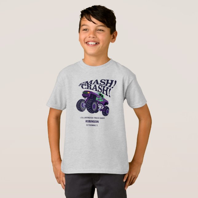 Smash Crash - Modern Lila Monster Lastbil Birthday T Shirt (Hel framsida)