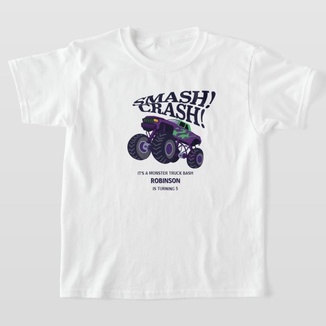 Smash Crash - Modern Lila Monster Lastbil Birthday T Shirt (Laydown)