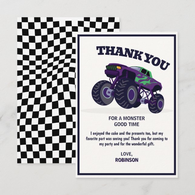 Smash Crash- Modern lila monstertruck födelsedag Tack Kort (Fram/baksida)