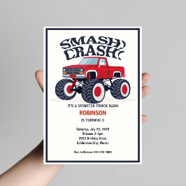 Smash Crash - Modern Red Monster Lastbil Birthday Inbjudningar