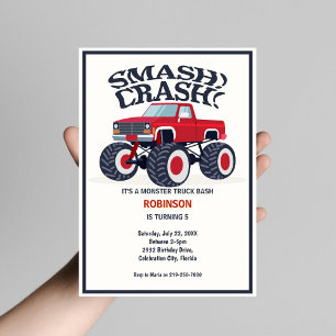 Smash Crash - Modern Red Monster Lastbil Birthday Inbjudningar