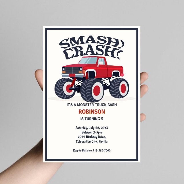 Smash Crash - Modern Red Monster Lastbil Birthday Inbjudningar (Skapare uppladdad)