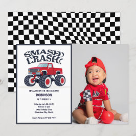 Smash Crash - Modern Red Monster Lastbil Photo Inbjudningar