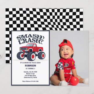 Smash Crash - Modern Red Monster Lastbil Photo Inbjudningar